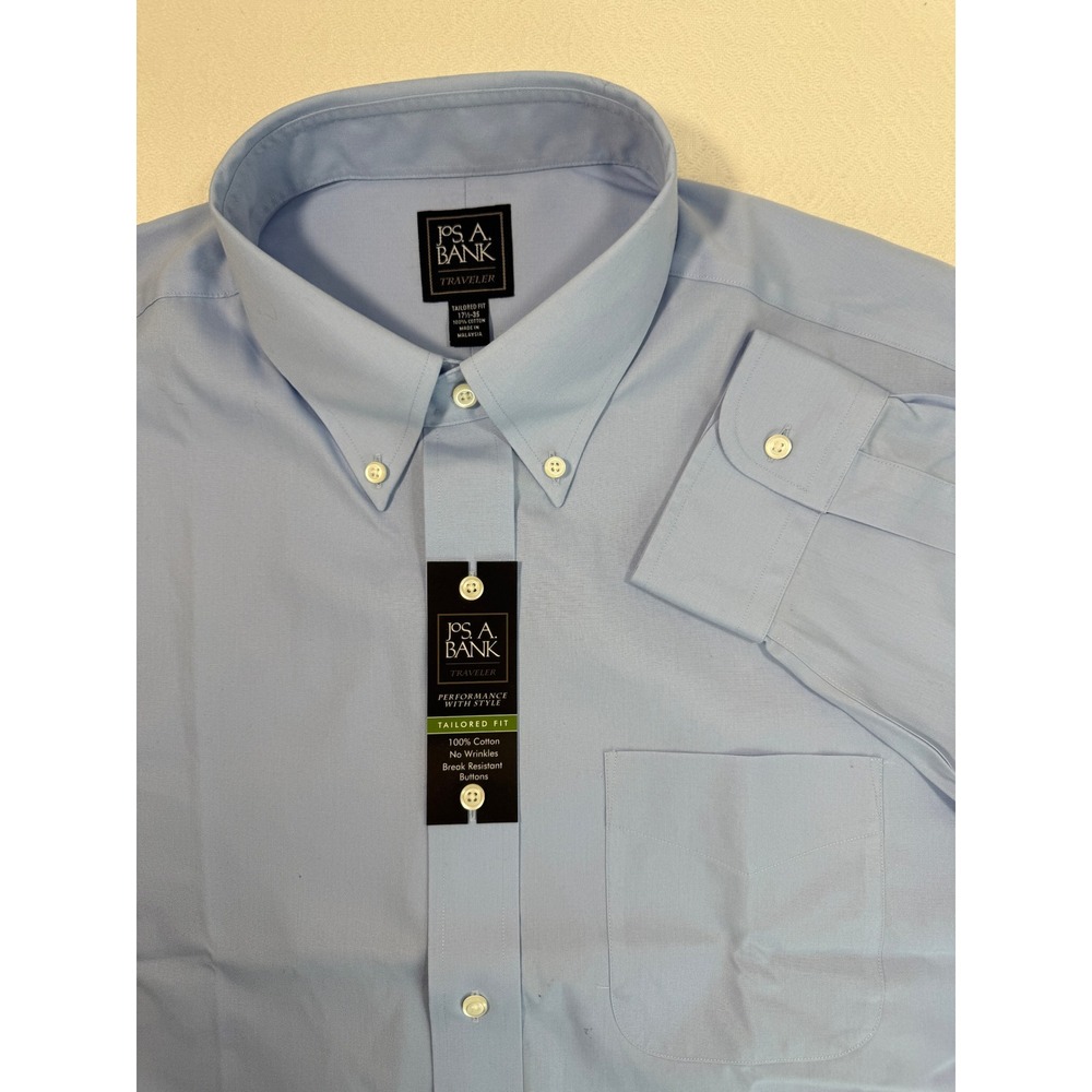 Jos. A. Bank Traveler Dress Shirt Mens 17.5 35 Tailored Fit Blue No Wrinkle NEW
